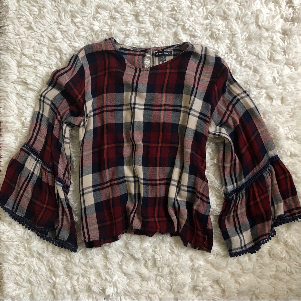 Plaid bell sleeve blouse